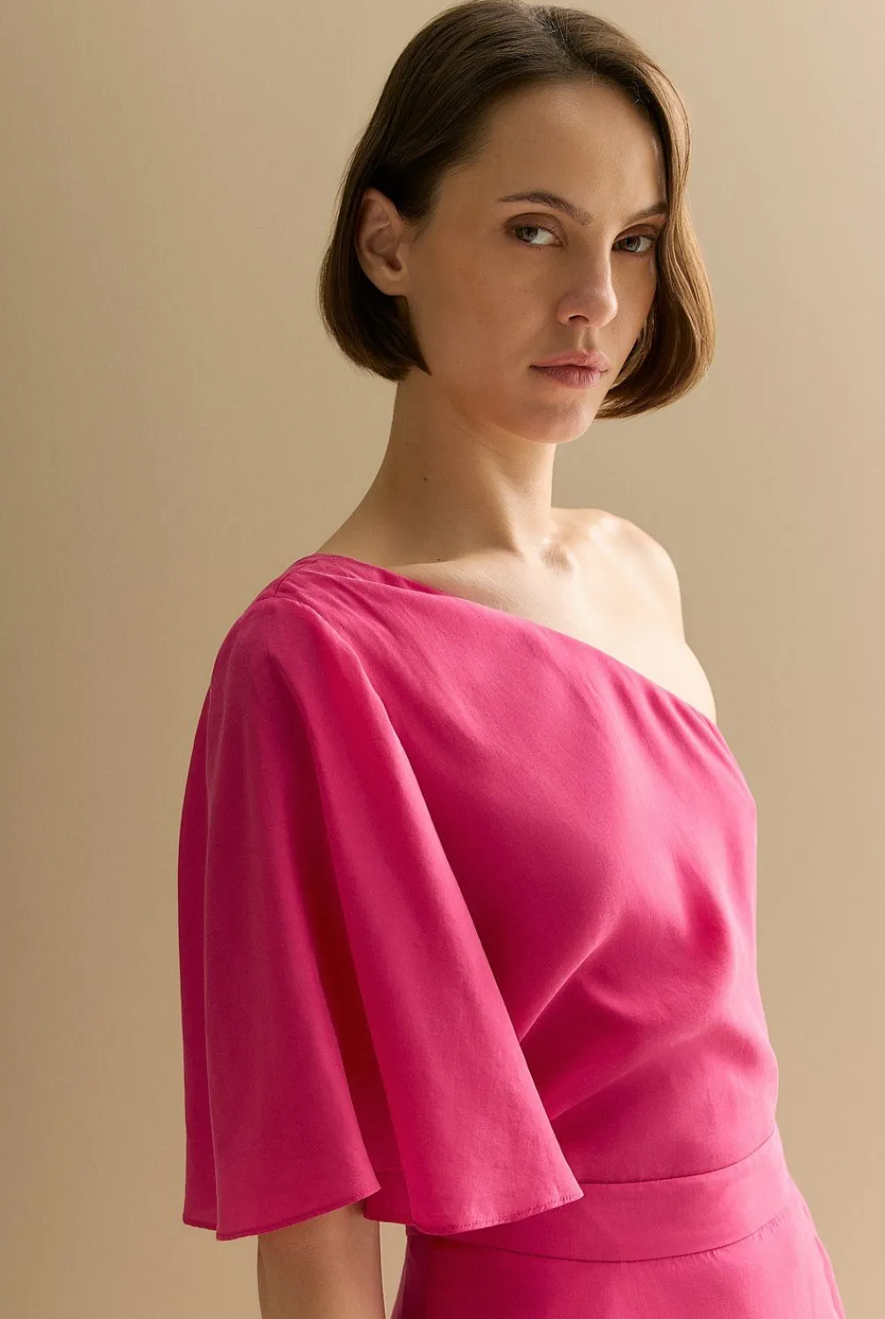 Shirts|T-shirts & Tops>Trenery Asymmetric Sleeve Draped Top Fuchsia