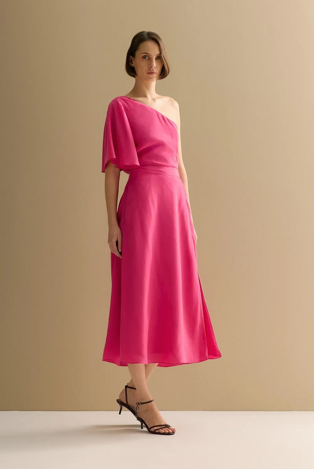 Shirts|T-shirts & Tops>Trenery Asymmetric Sleeve Draped Top Fuchsia