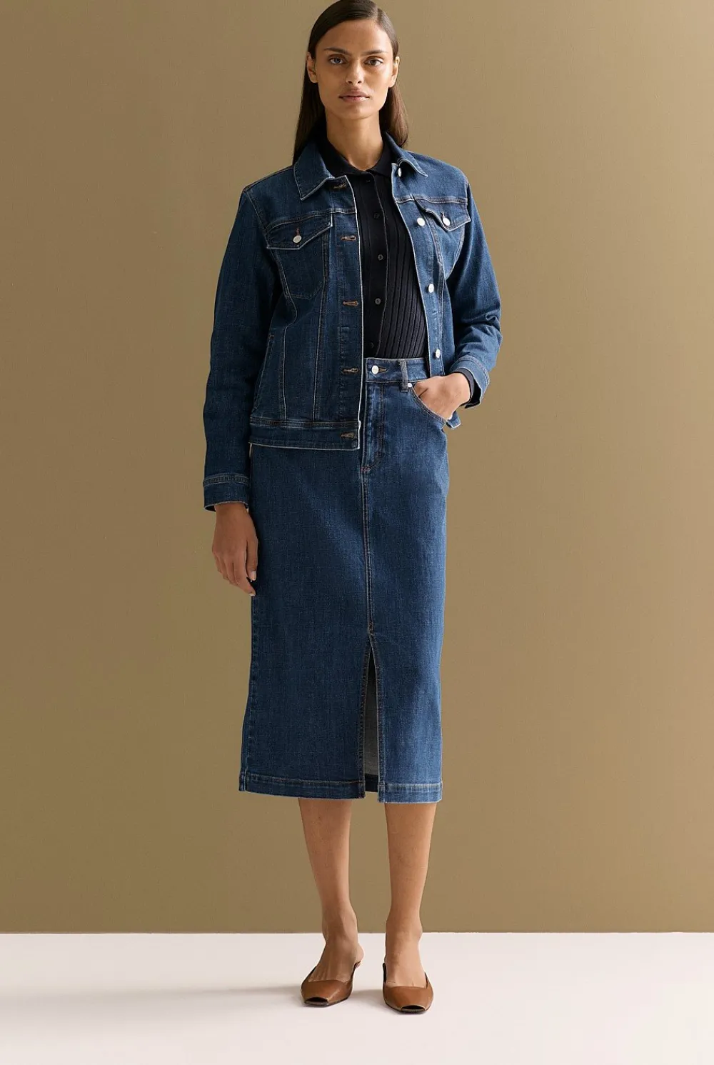 Denim & Jeans|Skirts>Trenery Australian Cotton Blend Classic Denim Skirt MidBlueDenim