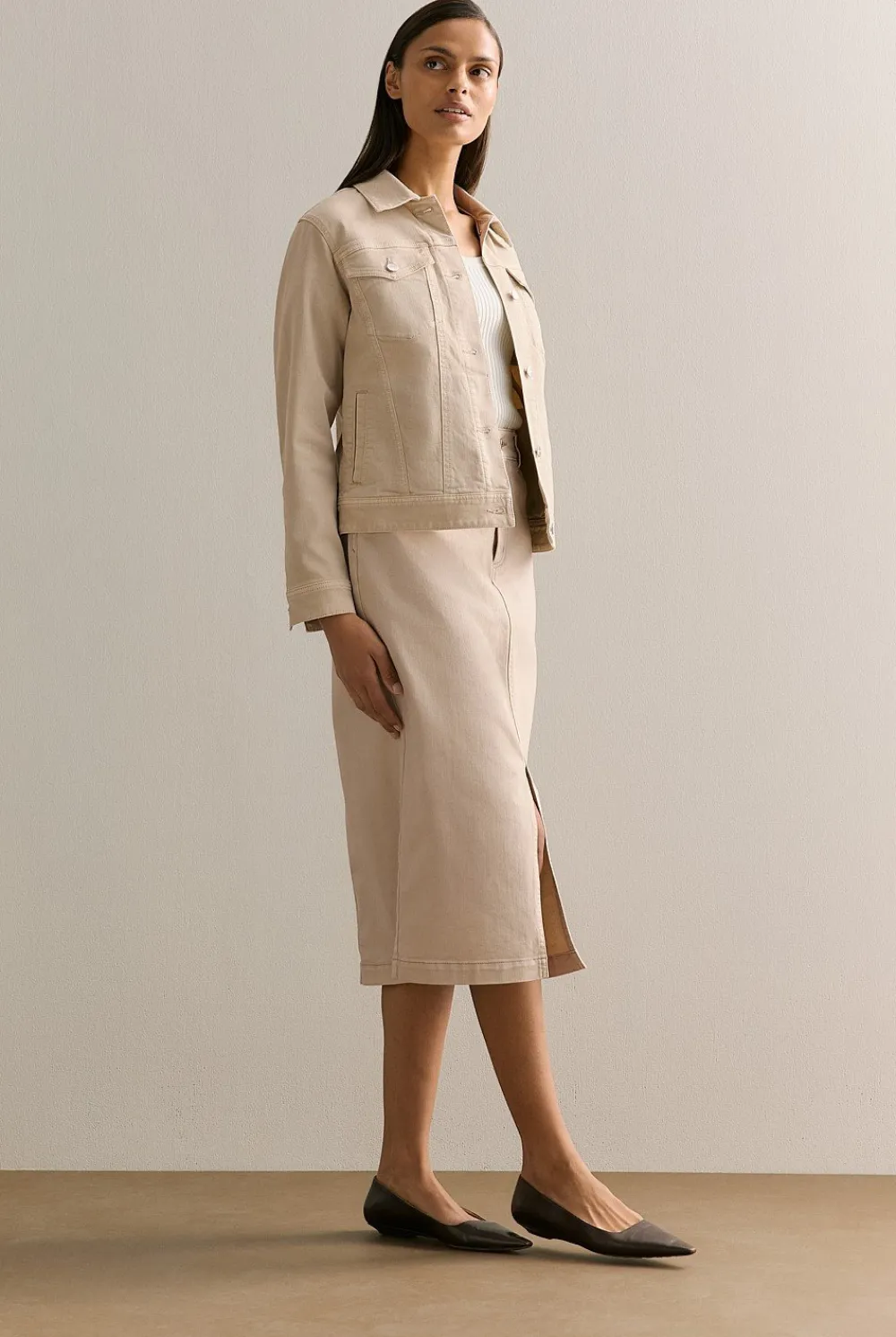 Skirts>Trenery Australian Cotton Blend Garment Dyed Denim Skirt Sand