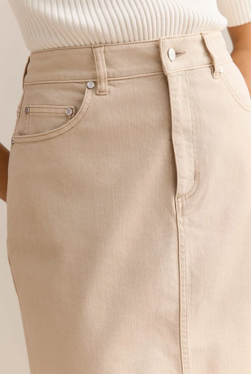 Skirts>Trenery Australian Cotton Blend Garment Dyed Denim Skirt Sand