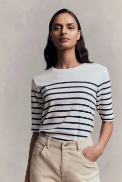T-shirts & Tops>Trenery Australian Cotton Breton Stripe Half Sleeve T-shirt NightSky