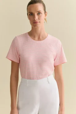 T-shirts & Tops>Trenery Australian Cotton Fine Stripe T-shirt PinkGrenadine