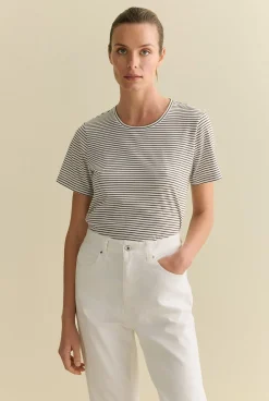 T-shirts & Tops>Trenery Australian Cotton Fine Stripe T-shirt Chocolate