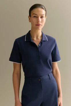 T-shirts & Tops>Trenery Australian Cotton Pique Tipped Monogram Polo Navy
