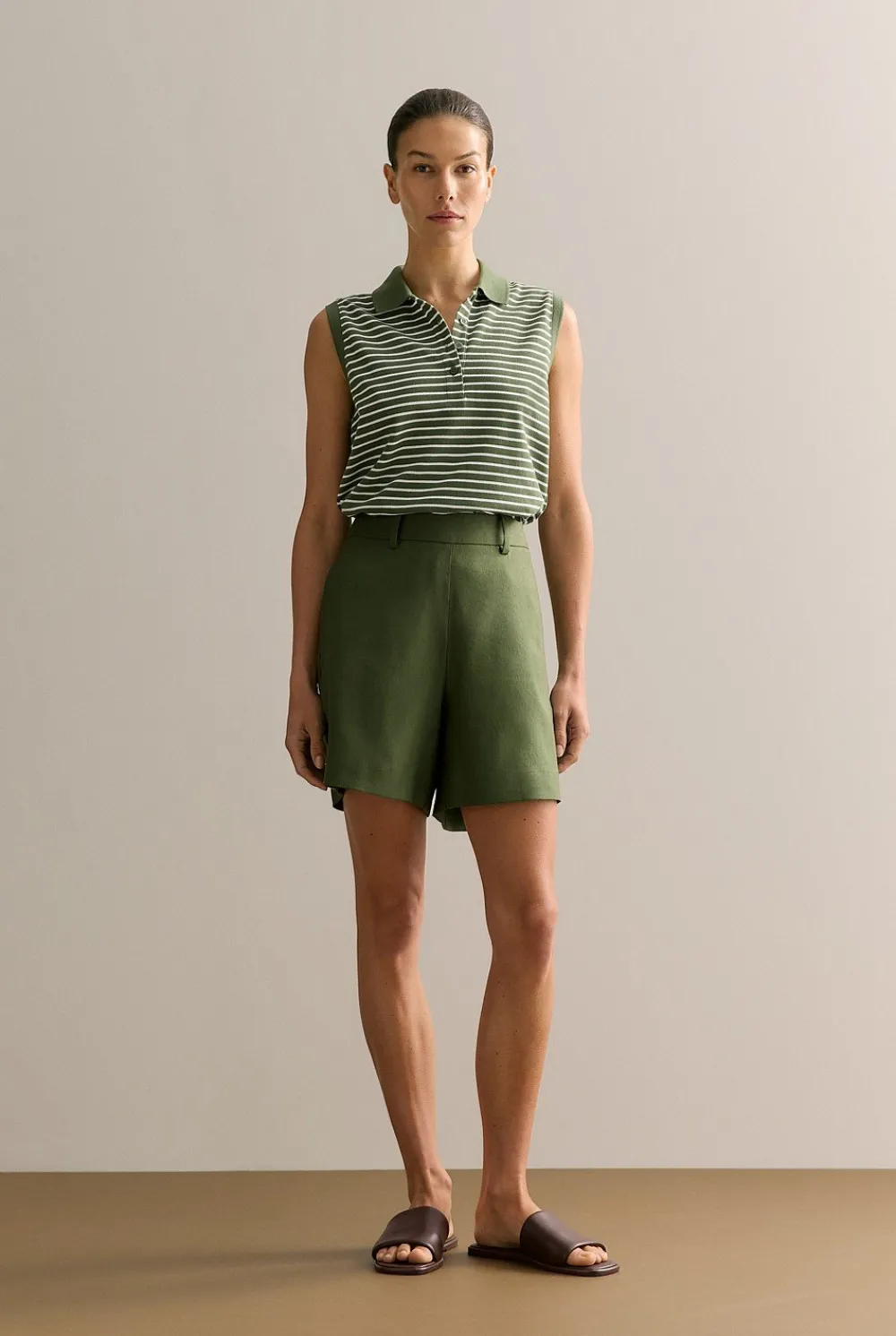T-shirts & Tops>Trenery Australian Cotton Stripe Sleeveless Polo Top Ivy