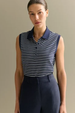 T-shirts & Tops>Trenery Australian Cotton Stripe Sleeveless Polo Top Navy