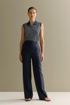 T-shirts & Tops>Trenery Australian Cotton Stripe Sleeveless Polo Top Navy