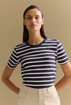 T-shirts & Tops>Trenery Australian Cotton Yarn Dyed Stripe T-shirt NightSky