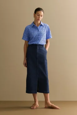 Shirts>Trenery Broderie Anglaise Short Sleeve Shirt WedgewoodBlue