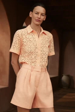 Shirts|Occasion Dresses & Outfits>Trenery Broderie Anglaise Short Sleeve Shirt PaleApricot