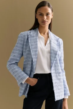 Outerwear>Trenery Cotton Blend Check Tweed Fray Double Breasted Blazer CornflowerBlue