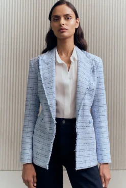 Outerwear>Trenery Cotton Blend Check Tweed Fray Double Breasted Blazer CornflowerBlue