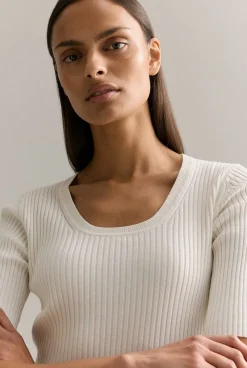 Knitwear>Trenery Cotton Cashmere Blend Rib Knit T-shirt Parchment