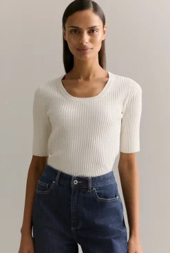 Knitwear>Trenery Cotton Cashmere Blend Rib Knit T-shirt Parchment