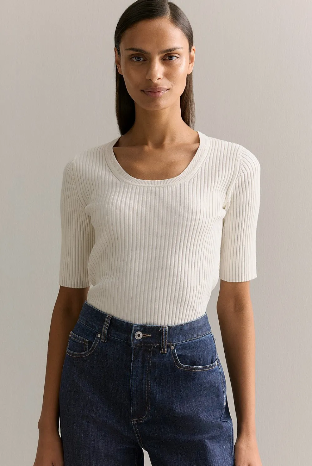 Knitwear>Trenery Cotton Cashmere Blend Rib Knit T-shirt Parchment