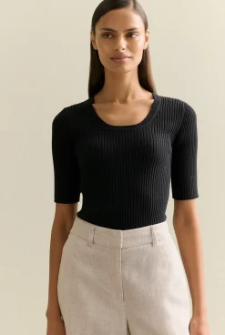 Knitwear>Trenery Cotton Cashmere Blend Rib Knit T-shirt Black
