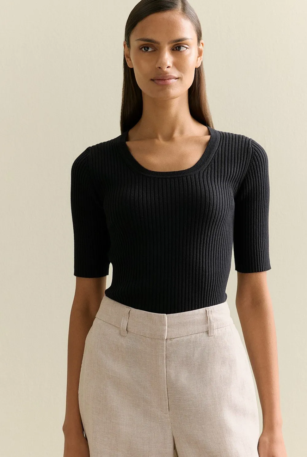 Knitwear>Trenery Cotton Cashmere Blend Rib Knit T-shirt Black