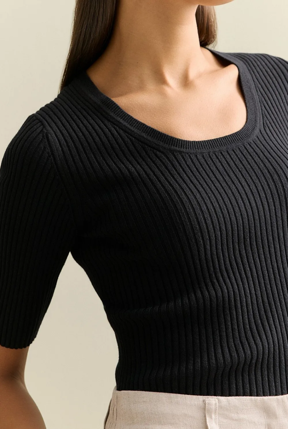 Knitwear>Trenery Cotton Cashmere Blend Rib Knit T-shirt Black