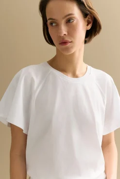 T-shirts & Tops>Trenery Cotton Interlock Raglan Flutter Sleeve T-shirt White