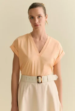 T-shirts & Tops>Trenery Cotton Interlock V Neck T-shirt PaleApricot