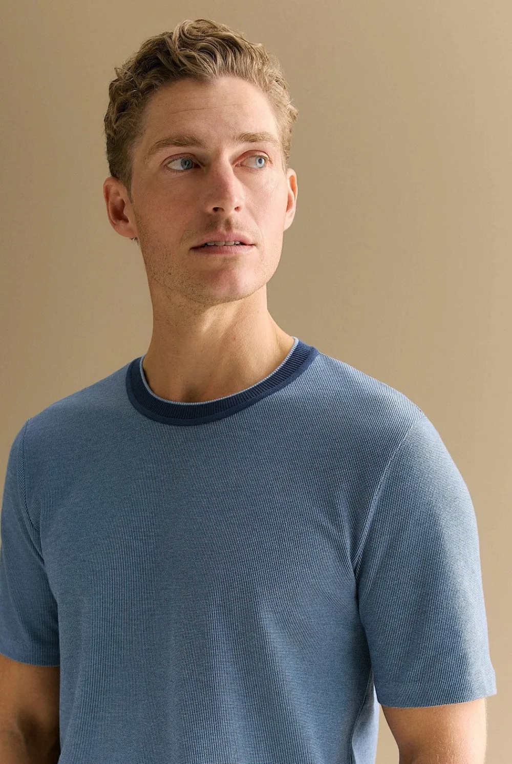T-shirts>Trenery Cotton Jacquard Contrast Collar T-shirt WashedNavy