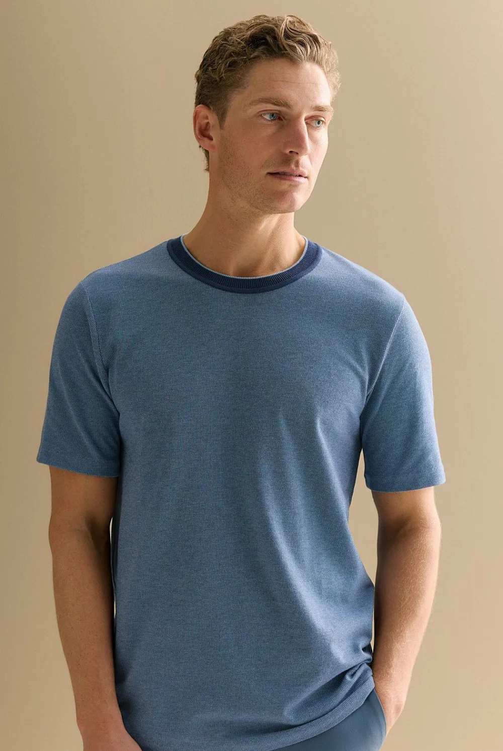 T-shirts>Trenery Cotton Jacquard Contrast Collar T-shirt WashedNavy