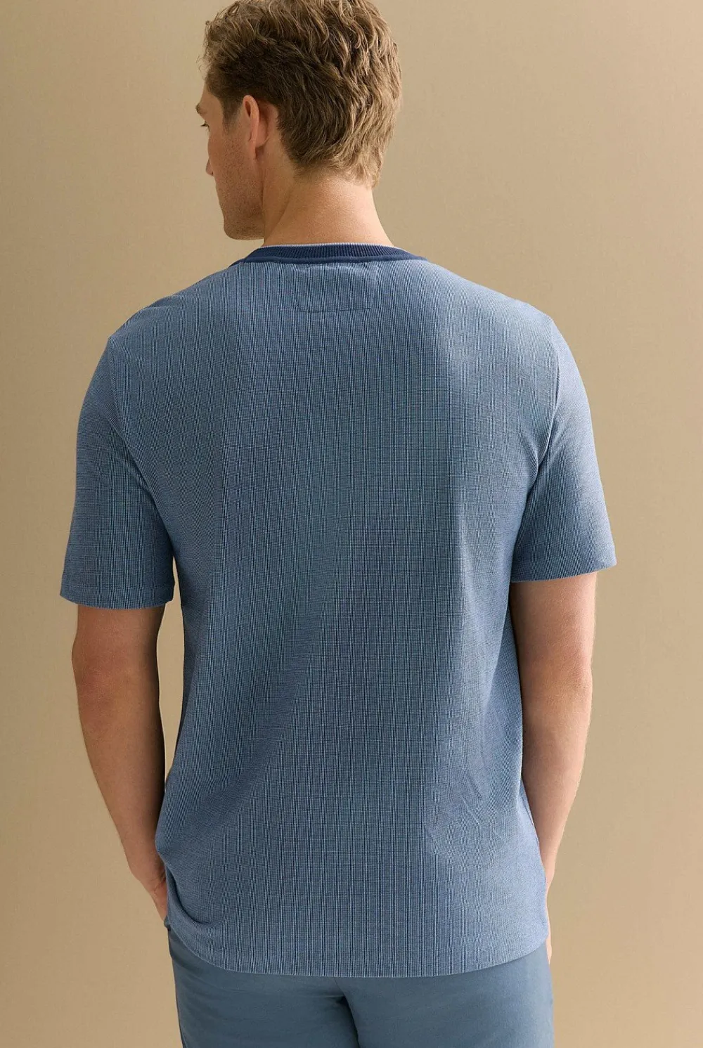 T-shirts>Trenery Cotton Jacquard Contrast Collar T-shirt WashedNavy