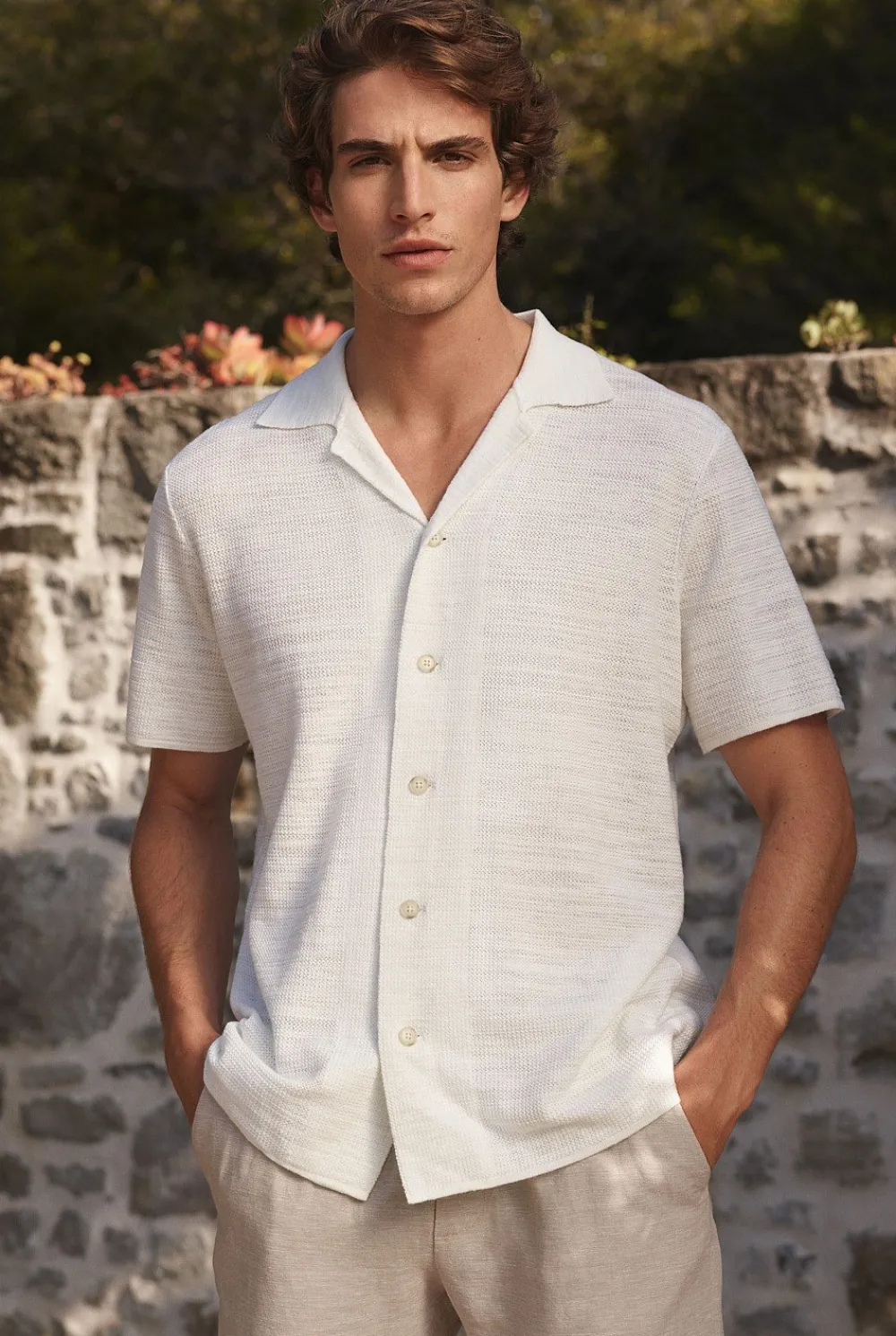Shirts|Knitwear>Trenery Cotton Linen Textured Knit Shirt White