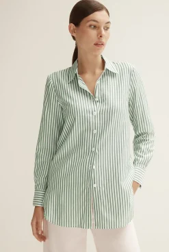 Shirts>Trenery Cotton Modal Stripe Longline Shirt WoodlandGreen