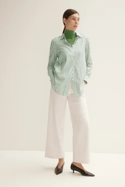 Shirts>Trenery Cotton Modal Stripe Longline Shirt WoodlandGreen
