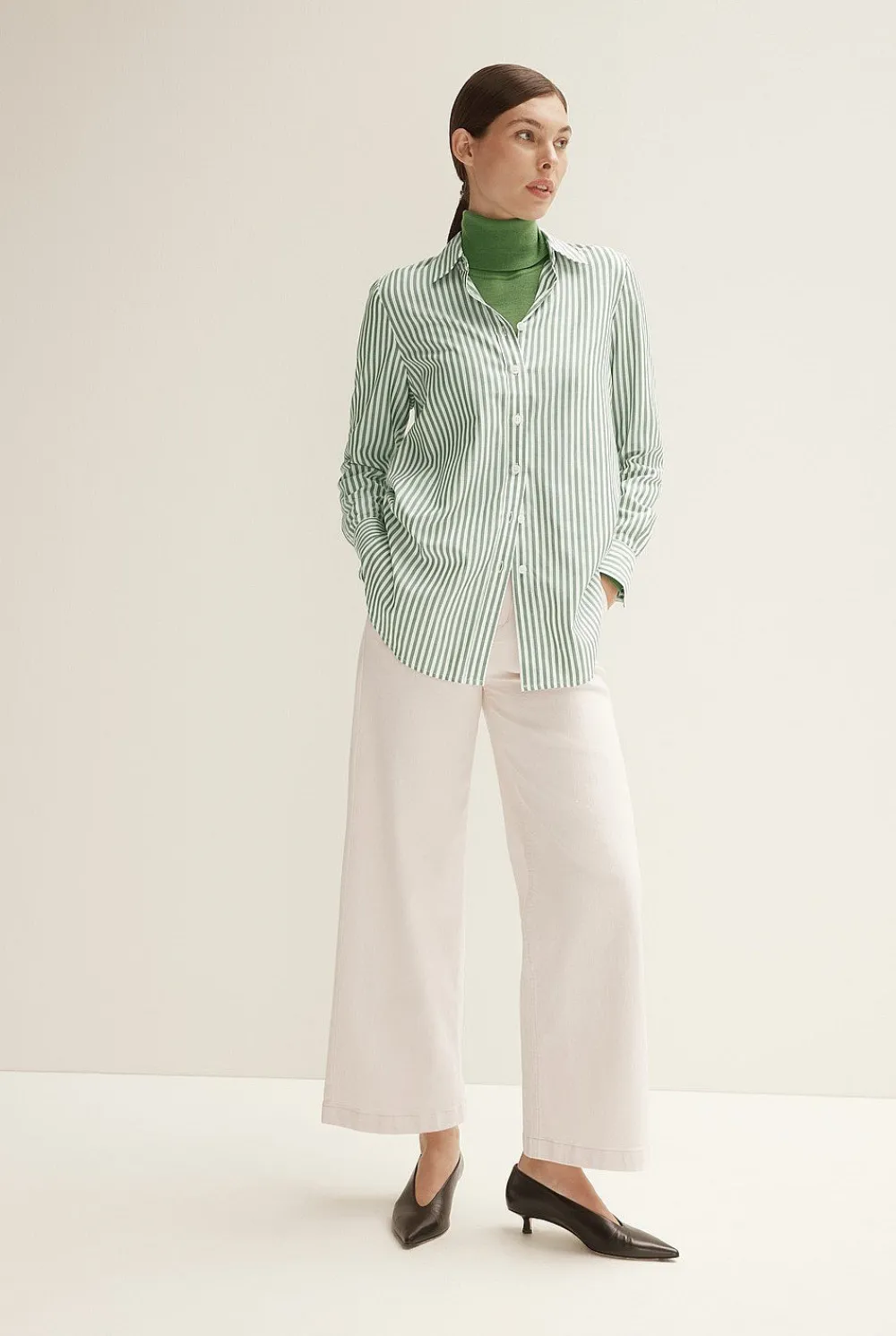 Shirts>Trenery Cotton Modal Stripe Longline Shirt WoodlandGreen