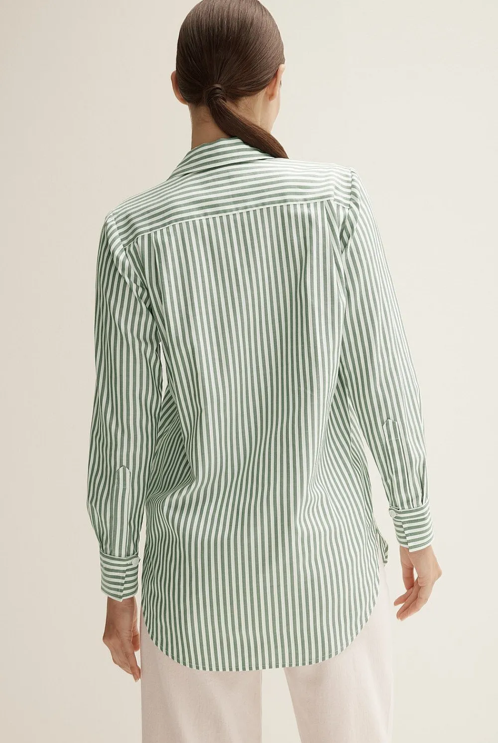Shirts>Trenery Cotton Modal Stripe Longline Shirt WoodlandGreen