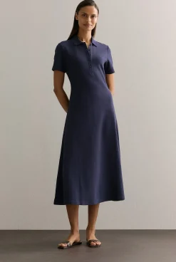 Dresses>Trenery Cotton Pique Polo Midi Dress Navy
