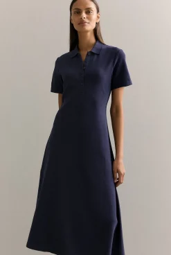 Dresses>Trenery Cotton Pique Polo Midi Dress Navy
