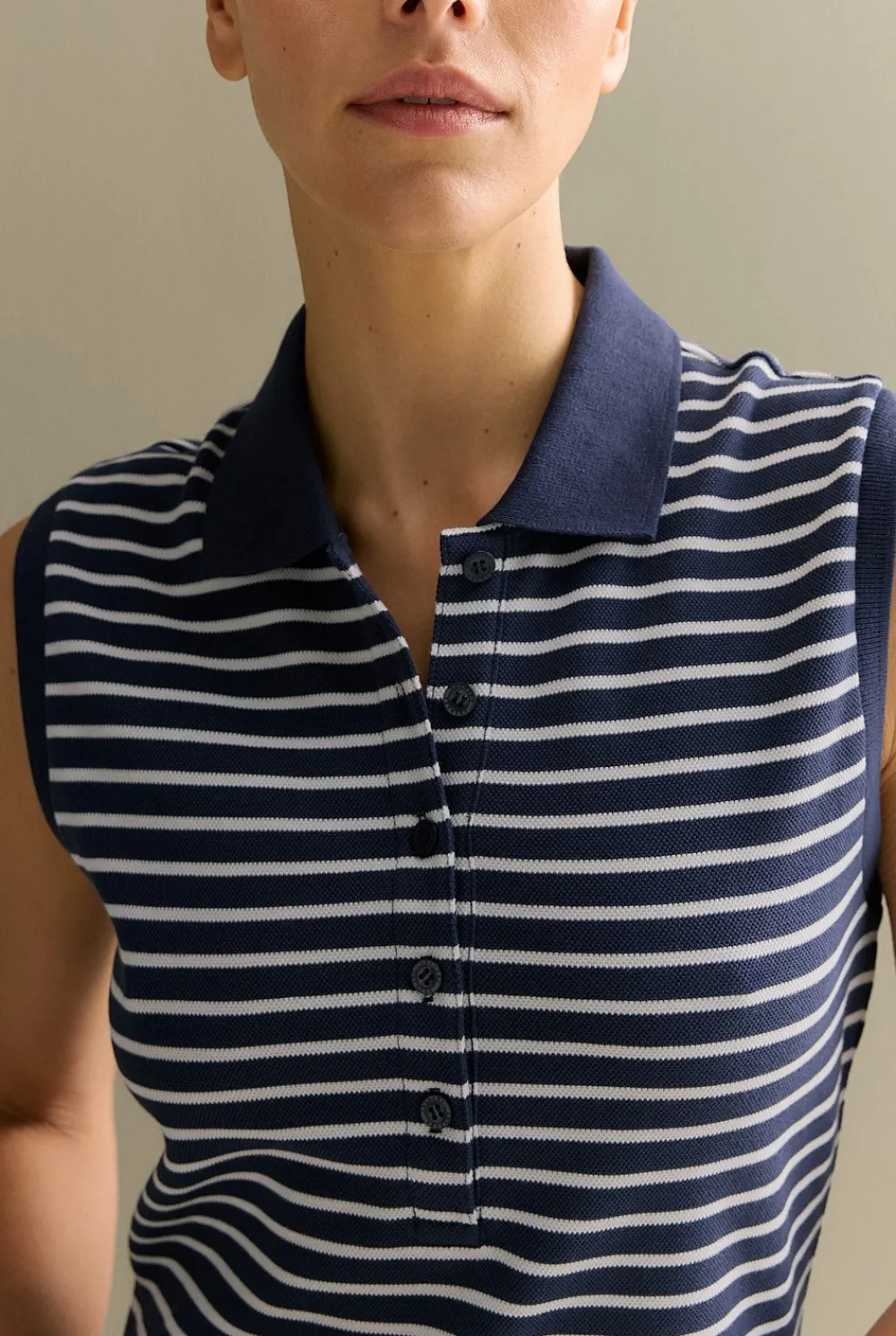 Dresses>Trenery Cotton Pique Stripe Sleeveless Polo Dress Navy