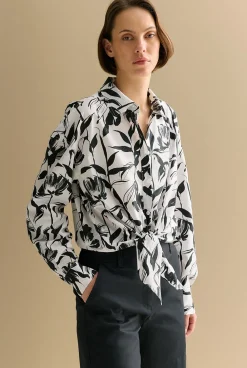Shirts>Trenery Cotton Poplin Floral Tie Front Shirt White