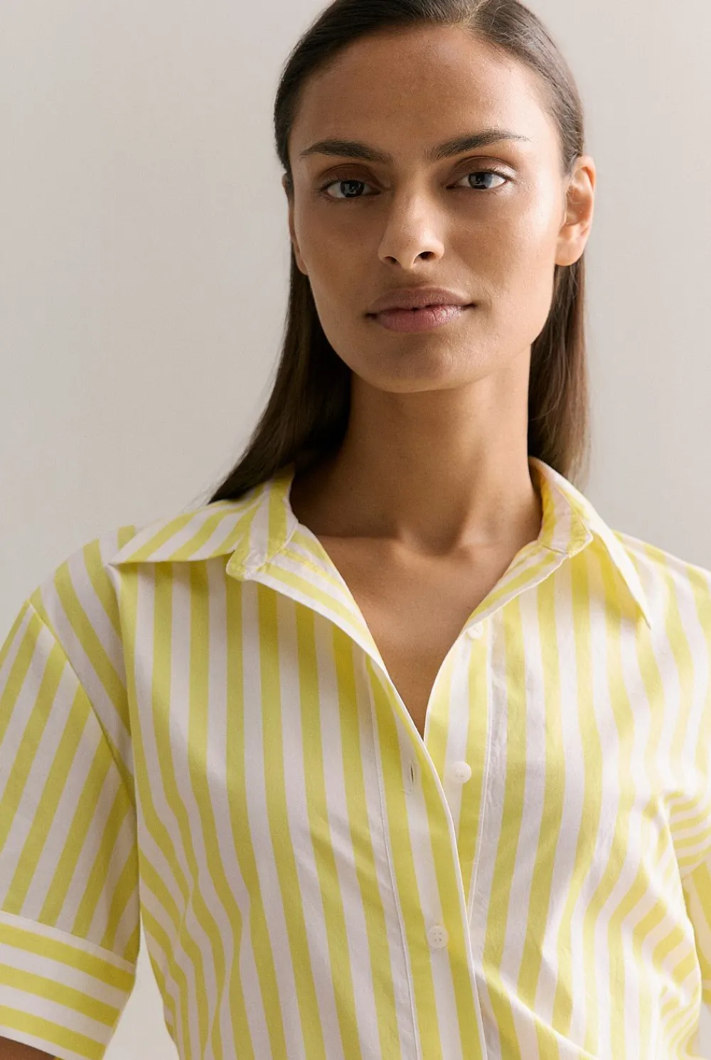 Shirts>Trenery Cotton Poplin Stripe Print Relaxed Shirt Yellow
