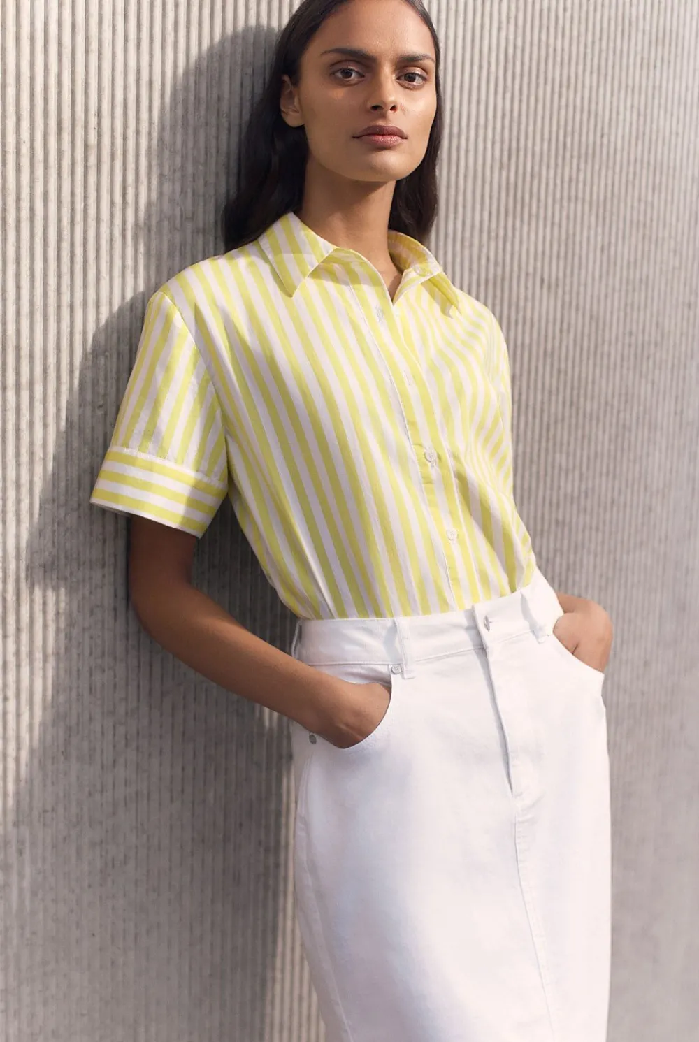 Shirts>Trenery Cotton Poplin Stripe Print Relaxed Shirt Yellow