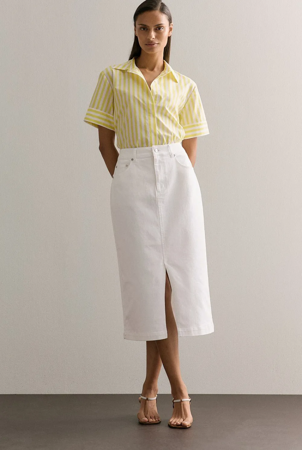 Shirts>Trenery Cotton Poplin Stripe Print Relaxed Shirt Yellow