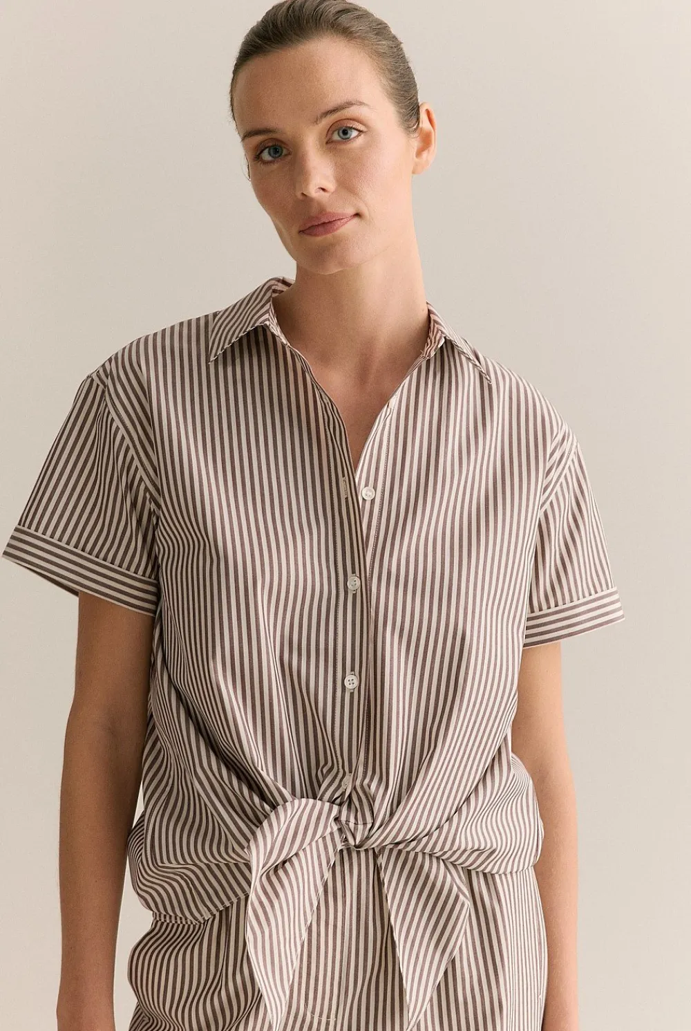 Shirts|Co-ord Sets>Trenery Cotton Poplin Stripe Tie Front Shirt Chocolate