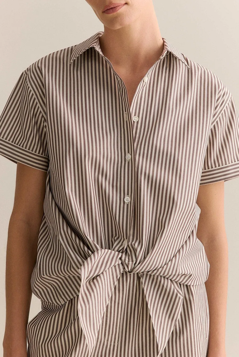 Shirts|Co-ord Sets>Trenery Cotton Poplin Stripe Tie Front Shirt Chocolate