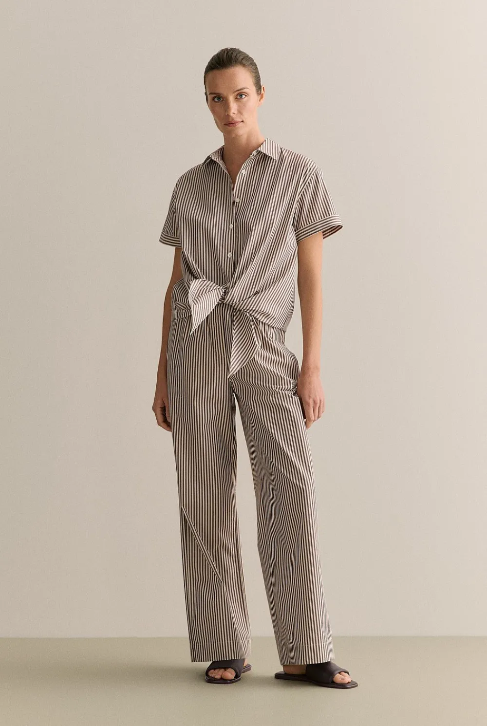 Shirts|Co-ord Sets>Trenery Cotton Poplin Stripe Tie Front Shirt Chocolate