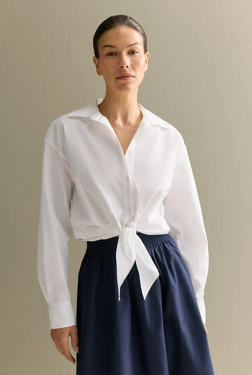 Shirts>Trenery Cotton Poplin Tie Front Shirt White