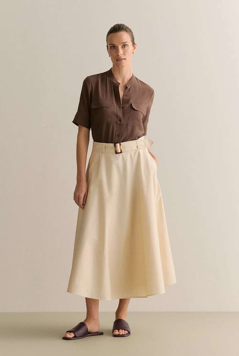 Skirts|Occasion Dresses & Outfits>Trenery Cotton Sateen Belted Midi Skirt Ivory