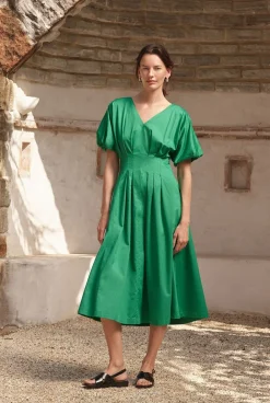 Dresses|Occasion Dresses & Outfits>Trenery Cotton Sateen Pleat Waist Dress BilliardGreen