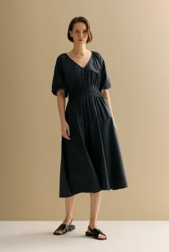Dresses>Trenery Cotton Sateen Shirred Waist Dress Black