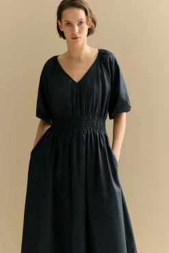 Dresses>Trenery Cotton Sateen Shirred Waist Dress Black