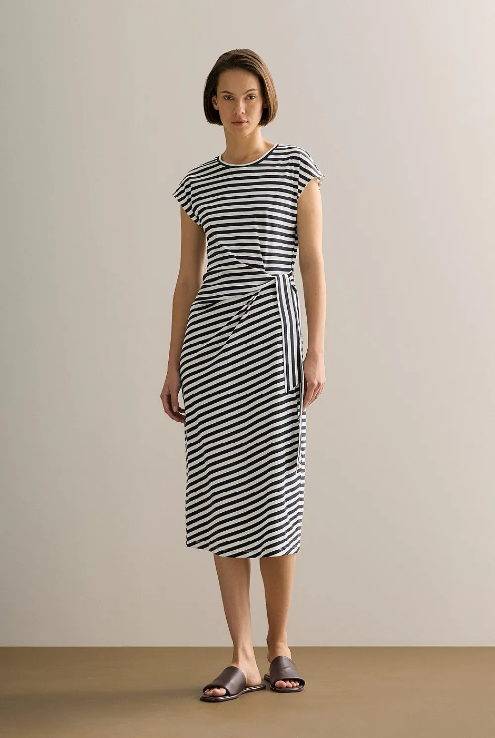 Dresses>Trenery Cotton Stripe Gathered Tie Waist Dress NightSky
