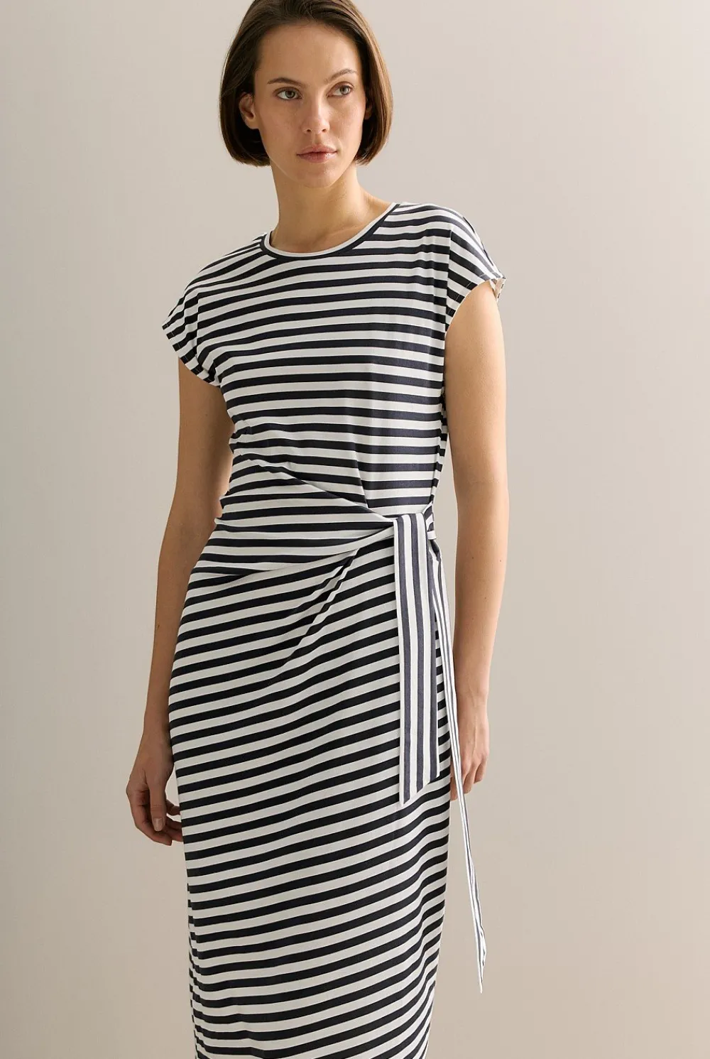 Dresses>Trenery Cotton Stripe Gathered Tie Waist Dress NightSky